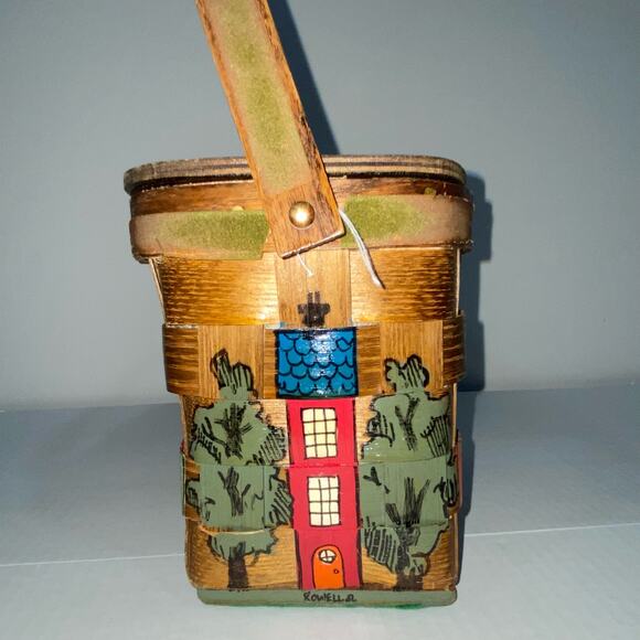 COFER’S Atlanta Handpainted Woven Wooden Basket Purse Fabric Lined VINTAGE - Picture 4 of 8